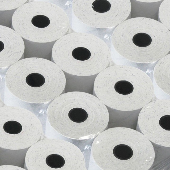 30 rotoli di carta termica da 80m, larghezza 80mm. Foro 12mm. Diametro esterno 77mm.