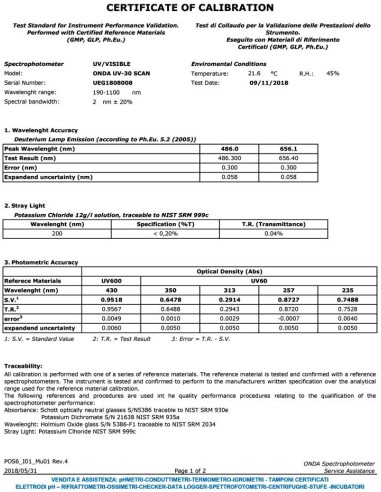 Certificato Taratura spettrofotometro UV-31 SCAN