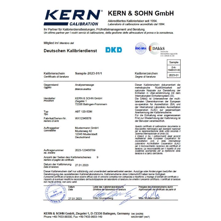 Certificato di taratura DAKKS per dinamometri KERN 3/5/6 ton