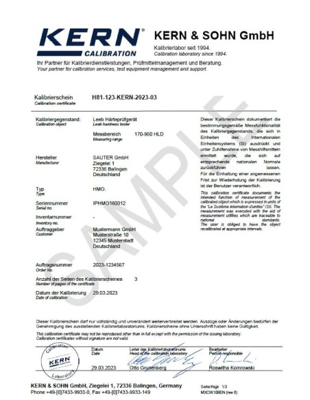 Certificato di Calibrazione ISO per durometri LEEB