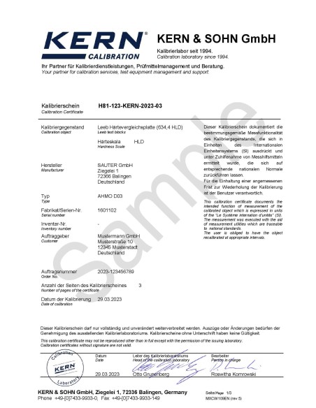 Certificato ISO per Blocco di prova SAUTER AHMO D02, AHMO D03 e AHMO D04