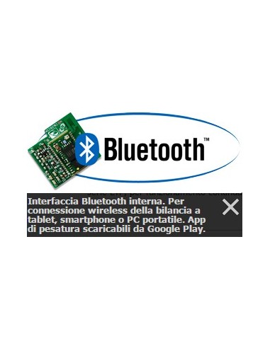 Interfaccia Bluetooth interna. Per connessione wireless della bilancia a tablet, smartphone o PC 